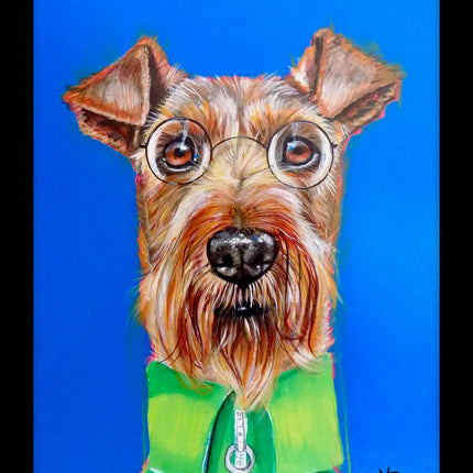 Dog in Glasses Framed Print - Otis Painting by Victoria Coleman - Contemporary Animal Themed Artwork - 43.5 x 33.5 cm