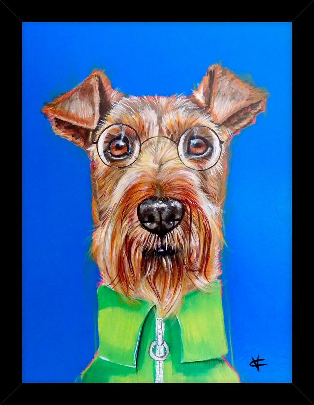 Dog in Glasses Framed Print - Otis Painting by Victoria Coleman - Contemporary Animal Themed Artwork - 43.5 x 33.5 cm