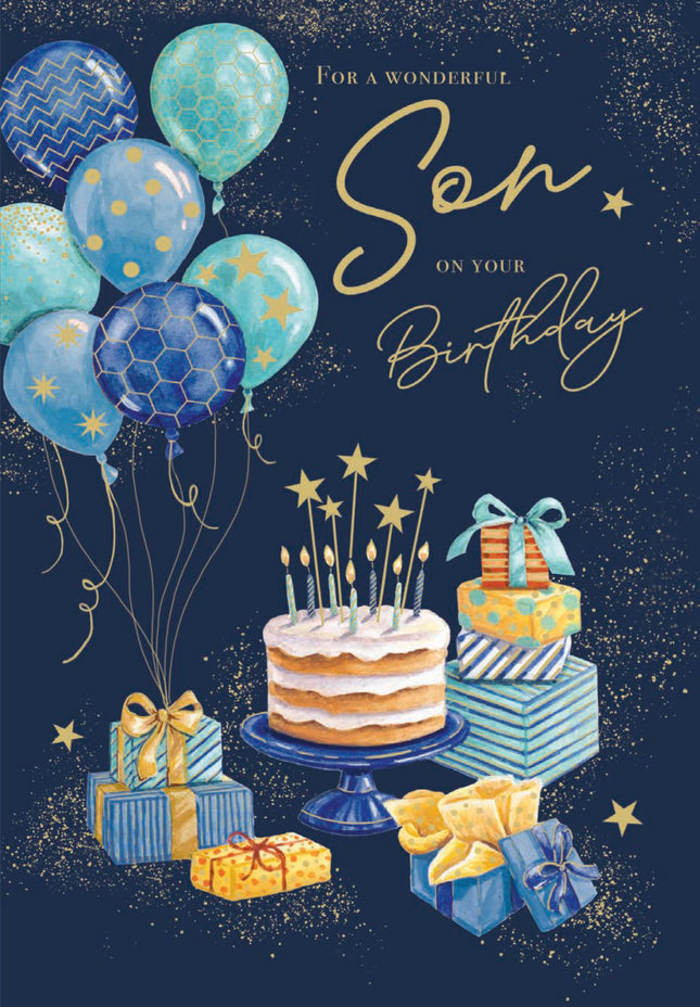 Birthday Card for Son - Fun Balloons & Cake Design - Premium Greeting Card with Envelope