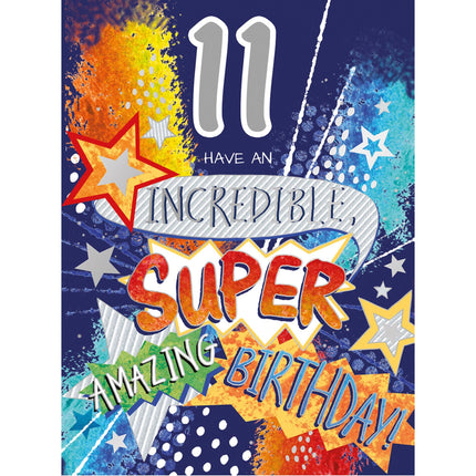 Boys 11th Birthday Card - Colourful Stars Design - Incredible, Super, Amazing Birthday - Age 11 Happy Birthday Card for Him