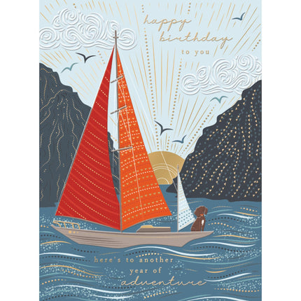 Birthday Card for Men - Contemporary Sailing Boat & Dog - Outdoors Adventure Design - Premium Happy Birthday Greeting Card with Envelope