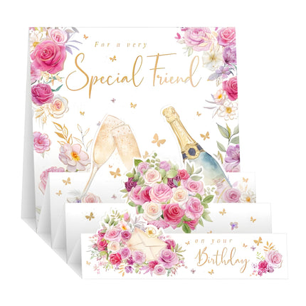 Special Friend 3D Pop Up Birthday Card - Happy Birthday Card with Champagne and Roses Design and Special Finishes - Birthday Card for Women