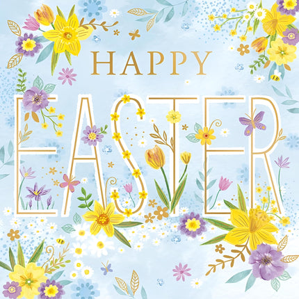 Easter Greeting Cards Pack of 6 - Happy Easter Cards with 2 Assorted Spring Flowers Designs - Daffodils and Tulips - General Multipack for Family and Friends - 127 x 127mm