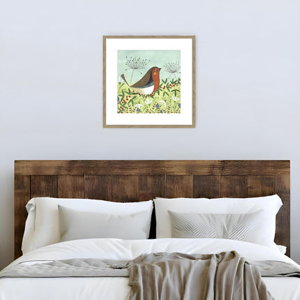 Artistic Robin & Wildflowers Framed Print Wall Art - 'Winter Robin' by Linda Hoskin - Nature Themed Artwork - Ready to Hang Garden Bird Home Décor - 42cm x 42cm