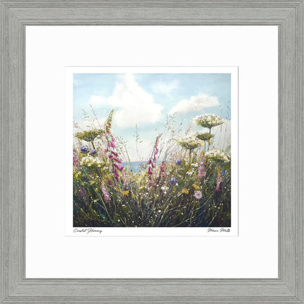 Floral Seascape Framed Print Wall Art - Scenic Home Decor - Marie Mills Artwork - Ready to Hang 'Coastal Harmony' Painting - 35 x 35cm