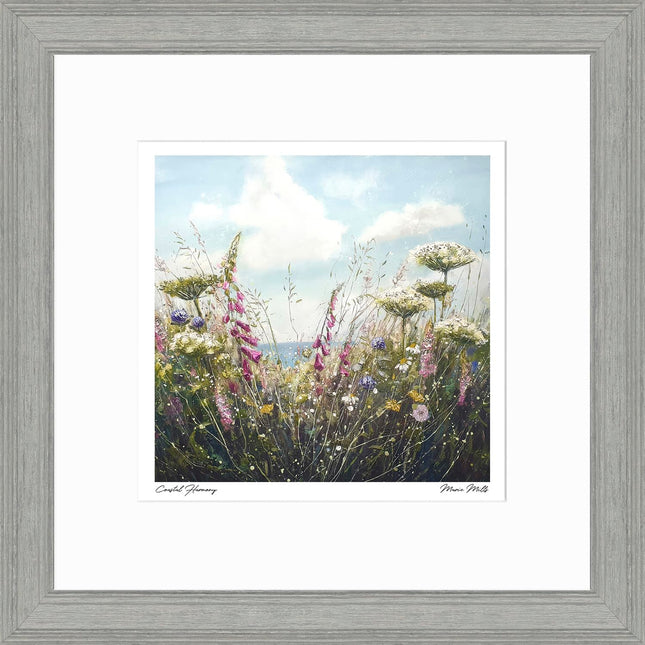 Floral Seascape Framed Print Wall Art - Scenic Home Decor - Marie Mills Artwork - Ready to Hang 'Coastal Harmony' Painting - 35 x 35cm