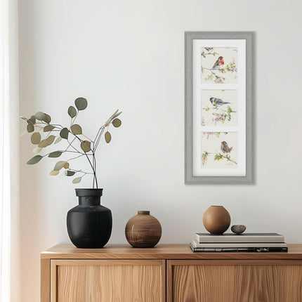 Garden Birds Triptych Framed Print Wall Art - 'Garden Party' by Nicola Jane Rowles - Contemporary Wildlife Picture - Ready to Hang Home Décor - 55cm x 25cm