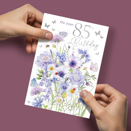 85th Birthday Card for Women - Age 85 Pretty Floral Butterflies & Bumblebees Design - Embossed Silver Foil Finish - Premium Greeting Card with Envelope