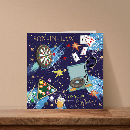 Birthday Card for Son-In-Law - Fun Sports & Music Design - Embossed Gold Foil Finish - Premium Greeting Card with Envelope - Eco-Friendly & Recyclable