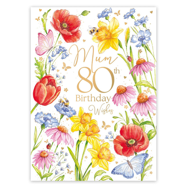 80th Birthday Card for Mum, Vibrant Floral Design