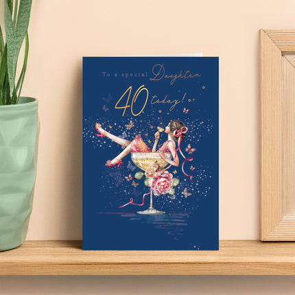 40th Birthday Card for Daughter - Age 40 Pretty Floral Cocktail Design - Premium Greeting Card with Envelope