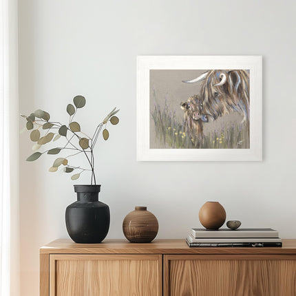 Artistic Highland Cow & Calf Framed Print – Endearing 'Heather & Buttercup' Picture by Louise Luton - Ready to Hang Wall Art - Charming Home Décor – 37cm x 31cm