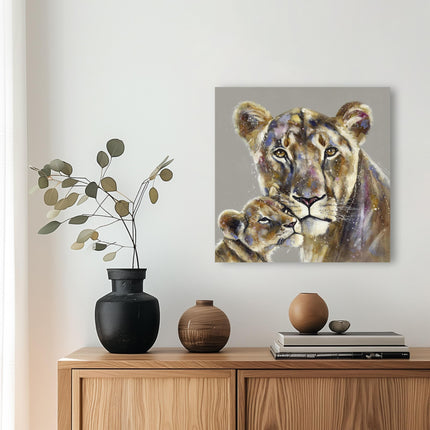 Artistic Lioness & Cub Canvas Wall Art - 'Majestic Bonds' by Louise Luton - African Animal Themed Artwork - Ready to Hang Home Décor - 40cm x 40cm