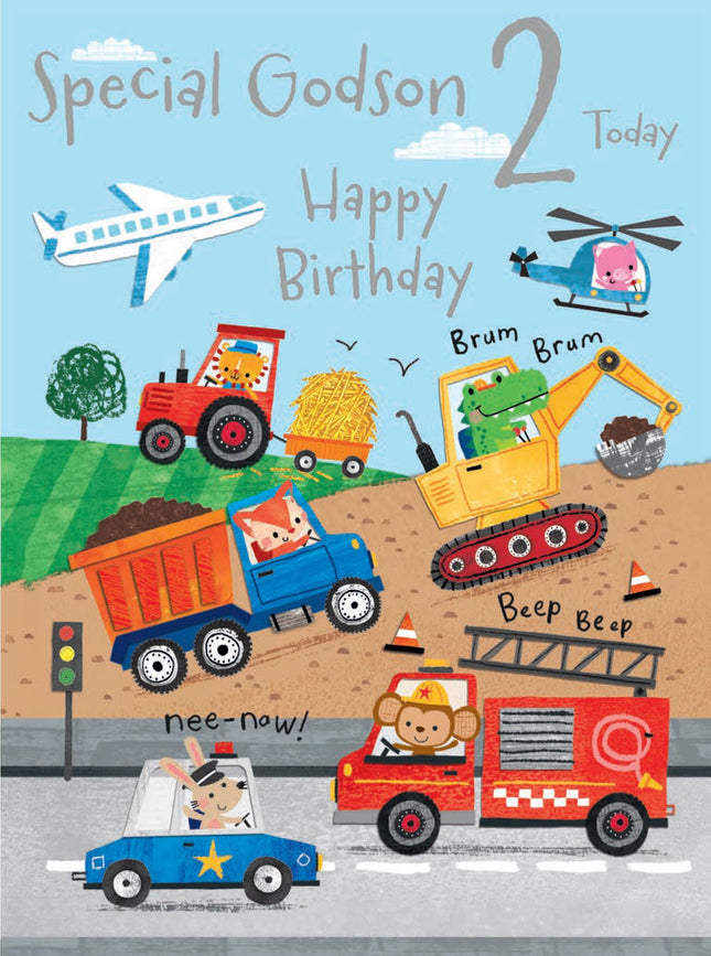 2nd Birthday Card for Godson - Age 2 Cute Animal & Vehicle Design with Trucks, Diggers & Emergency Transport - Premium Greeting Card with Envelope