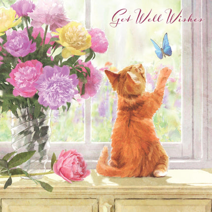 Get Well Card - Pretty Kitten & Flowers Design - Artistic & Uplifting Greeting Card For Recovery Get Well Soon Greeting Card