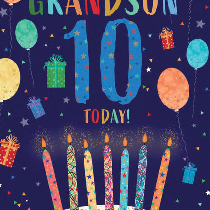 10th Birthday Card for Grandson - Age 10 Fun Cake & Balloons Design - Premium Greeting Card with Envelope