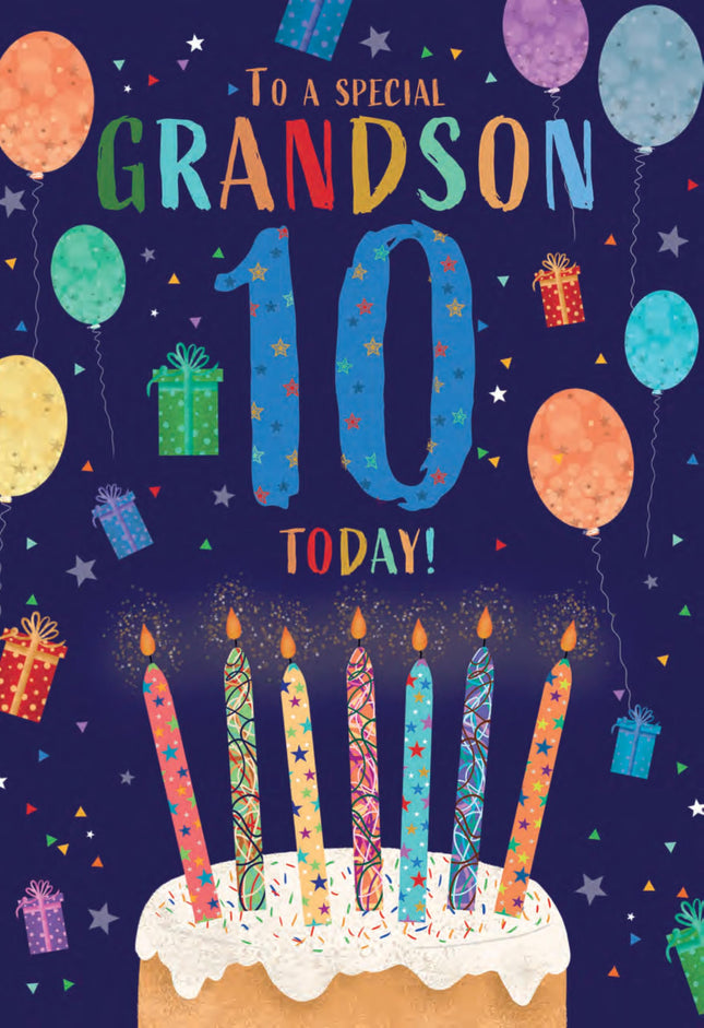 10th Birthday Card for Grandson - Age 10 Fun Cake & Balloons Design - Premium Greeting Card with Envelope