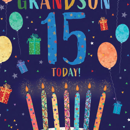 15th Birthday Card for Grandson - Age 15 Fun Cake & Balloons Design - Premium Greeting Card with Envelope