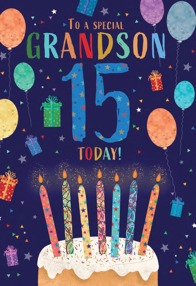 15th Birthday Card for Grandson - Age 15 Fun Cake & Balloons Design - Premium Greeting Card with Envelope