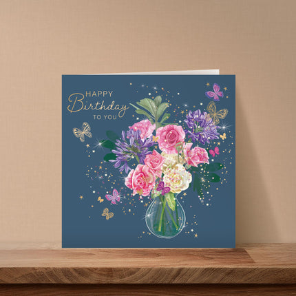 Birthday Card for Women - Pretty Flower Bouquet & Butterflies Design - Gold Foil Finish - Premium Greeting Card with Envelope