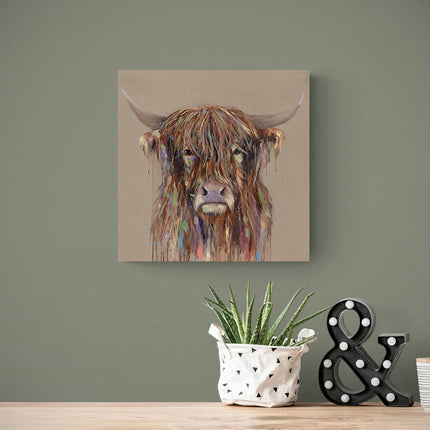 Artistic Highland Cow Canvas Wall Art - 'Bold Cow' by Louise Luton - Farm Animal Themed Artwork - Ready to Hang Home Décor - 40cm x 40cm