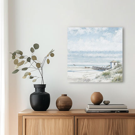 Artistic Seascape Canvas Wall Art - 'The Old Jetty II' by Richard Macneil - Nautical Themed Artwork - Ready to Hang Coastal Home Décor - 40cm x 40cm