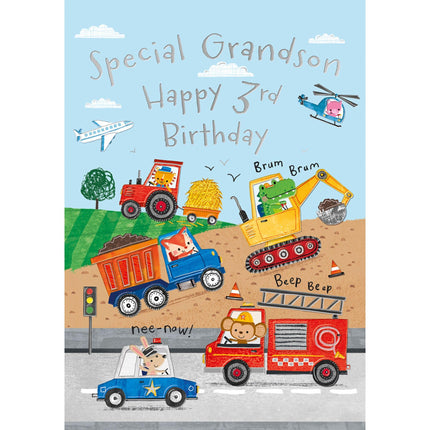 3rd Birthday Card for Grandson – Cute Animal & Vehicle Design with Trucks, Diggers & Emergency Vehicles - 9 x 6 - Age 3 Birthday Greeting Card for Special Grandson - For Boys