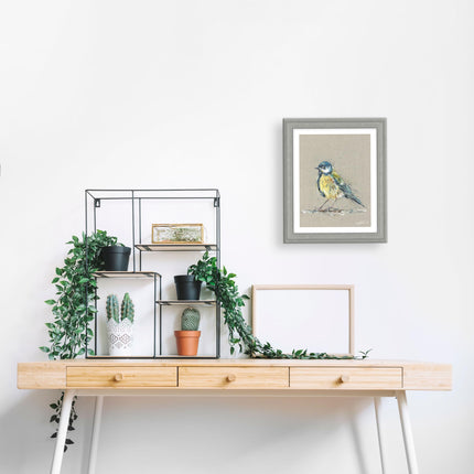 Blue Tit Bird Framed Print Wall Art - Animal Themed Home Decor - Nicola Jane Rowles Artwork - Ready to Hang 'Blue' Painting - 35 x 29 cm