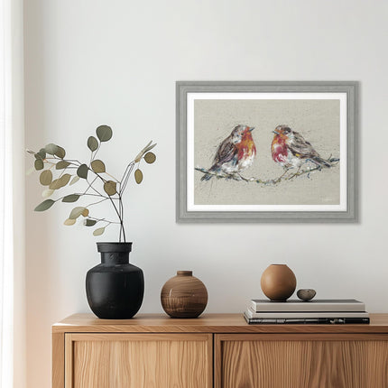 Redbreast Robins Framed Print Wall Art- 'Morning Gossip' by Nicola Jane Rowles - Contemporary Wildlife Picture - Ready to Hang Home Décor - 45cm x 35cm