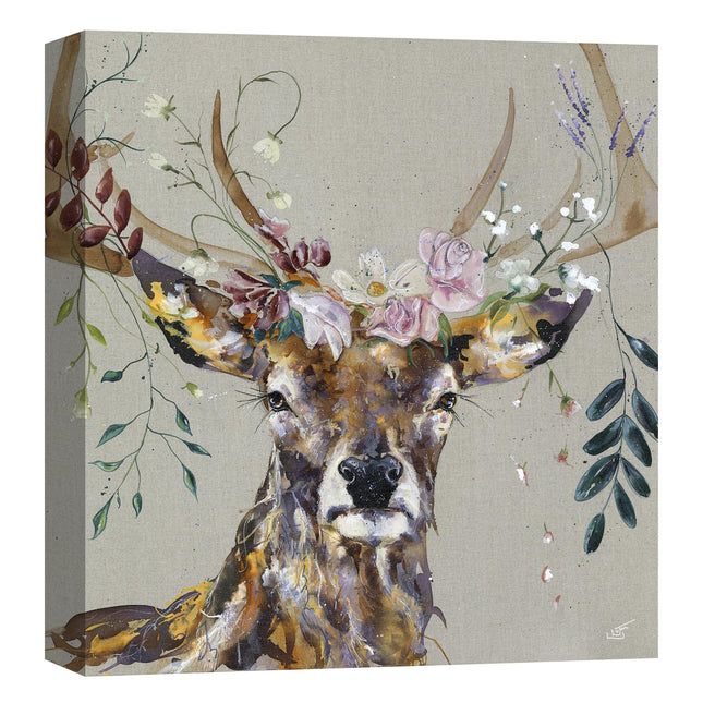 Artistic Floral Stag Canvas Wall Art - 'Vintage Velvet' by Louise Luton - Animal Themed Artwork - Ready to Hang Home Décor - 30cm x 30cm