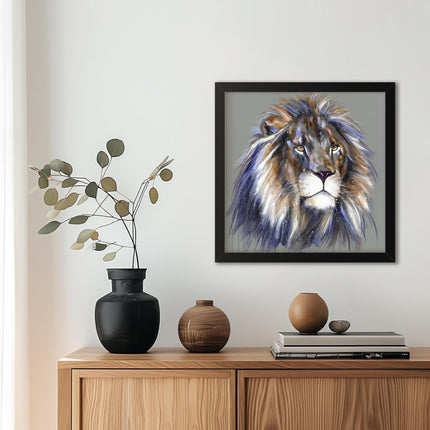 Lion Framed Print Wall Art - 'Leonardo' by Louise Luton - Animal Wildlife Picture - Ready to Hang Home Décor - 43.5 x 43.5 cm