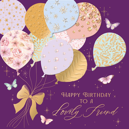 Birthday Card for Lovely Friend - Elegant Floral Balloons & Butterflies - Premium Greeting Card with Envelope - Eco-Friendly & Recyclable