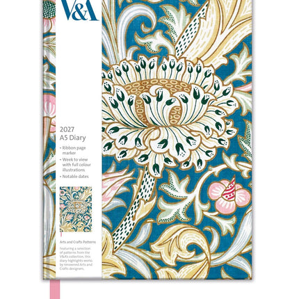 2027 A5 Diary - Week to View Desk Diary - Designer Patterns - UK Planner with Ribbon Bookmark - V&A Design