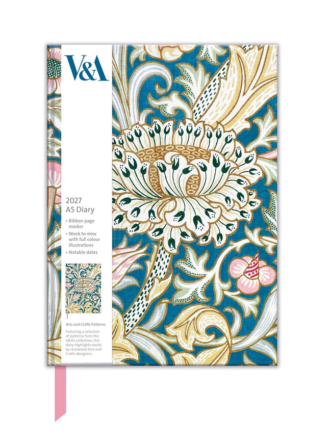 2027 A5 Diary - Week to View Desk Diary - Designer Patterns - UK Planner with Ribbon Bookmark - V&A Design