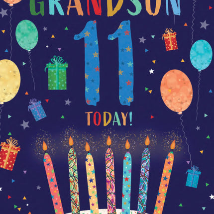 11th Birthday Card for Grandson - Age 11 Fun Cake & Balloons Design - Premium Greeting Card with Envelope