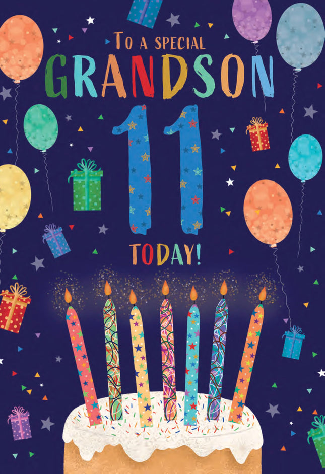 11th Birthday Card for Grandson - Age 11 Fun Cake & Balloons Design - Premium Greeting Card with Envelope