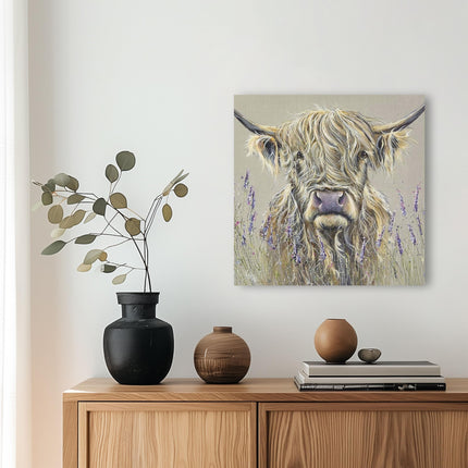Artistic Highland Cow Canvas Wall Art - 'Lavender' by Louise Luton - Animal Themed Artwork - Ready to Hang Home Décor - 40cm x 40cm