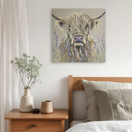 Artistic Highland Cow Canvas Wall Art - 'Lavender' by Louise Luton - Animal Themed Artwork - Ready to Hang Home Décor - 40cm x 40cm