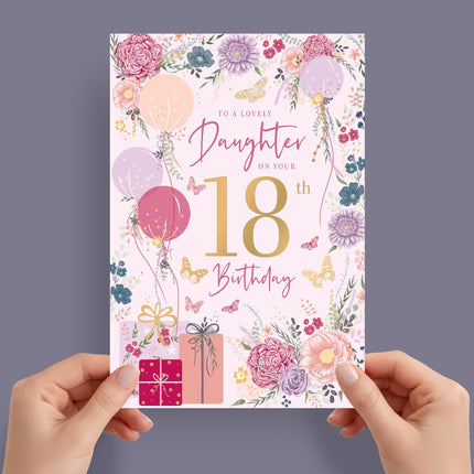 18th Birthday Card for a Lovely Daughter, Pretty Floral Balloons