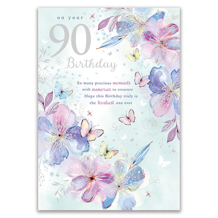 90th Birthday Card for Women - Age 90 Pretty Floral Butterflies Design - Silver Foil Finish - Premium Greeting Card with Envelope