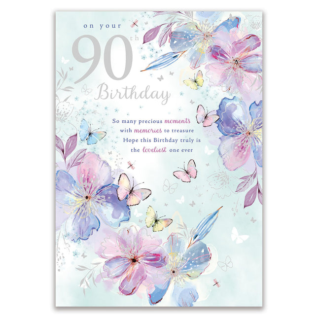 90th Birthday Card for Women - Age 90 Pretty Floral Butterflies Design - Silver Foil Finish - Premium Greeting Card with Envelope