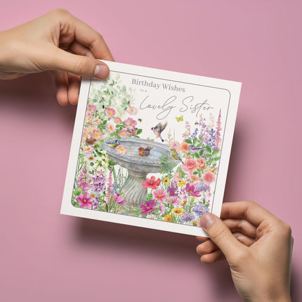 Birthday Card for Sister - Pretty Floral Bird Bath Design - Premium Greeting Card with Envelope