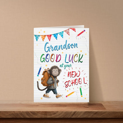 Good Luck at Your New School Card for Grandson - Cute Monkey Design - Premium Greeting Card with Envelope - Eco-Friendly & Recyclable