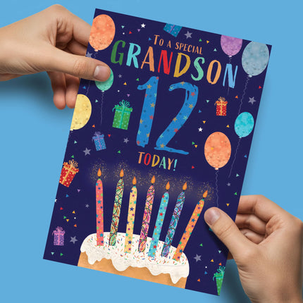 12th Birthday Card for Grandson - Age 12 Fun Cake & Balloons Design - Premium Greeting Card with Envelope