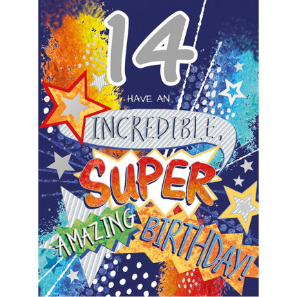 Boys 14th Birthday Card - Colourful Stars Design - Incredible, Super, Amazing Birthday - Age 14 Happy Birthday Card for Him
