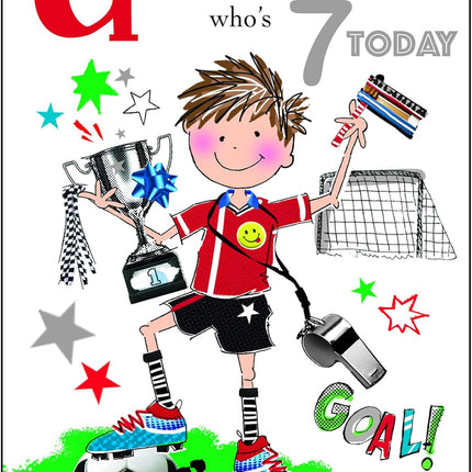 Birthday Card for Grandson – Age 7 Football Trophy Design