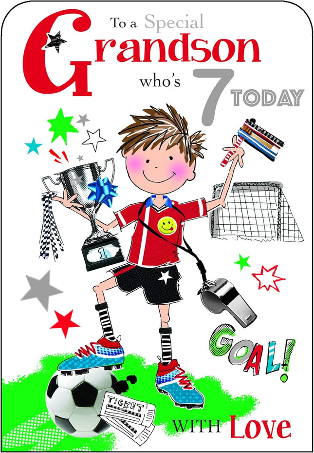 Birthday Card for Grandson – Age 7 Football Trophy Design