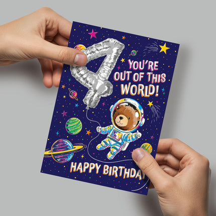 4th Birthday Card for Boys - Age 4 Fun Space Design - Embossed Silver Foil Finish - Premium Greeting Card with Envelope