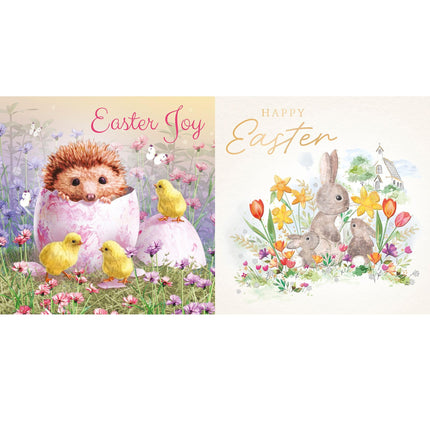 Cute Easter Greeting Cards Pack of 6 - Happy Easter Cards with 2 Assorted Designs - Rabbit, Hedgehog and Chicks - General Multipack for Family, Friends and Children - 127 x 127mm