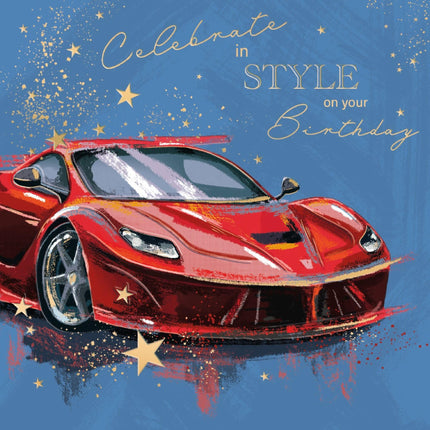 Birthday Card for Men - Red Sports Car Design - Embossed Gold Foil Finish - Premium Birthday Greeting Card with Envelope